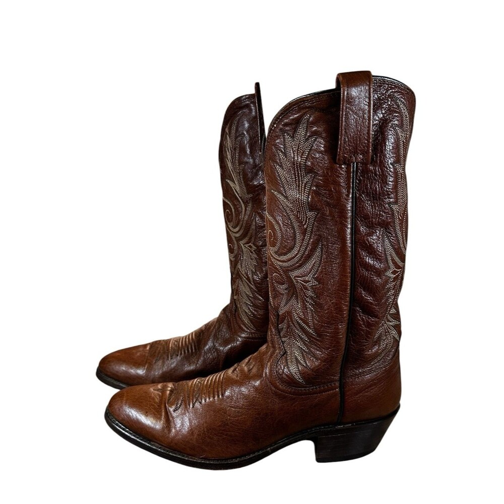 VTG Dan Post Cowboy Boots Mens 12D Brown Leather Western USA Classic Round Toe